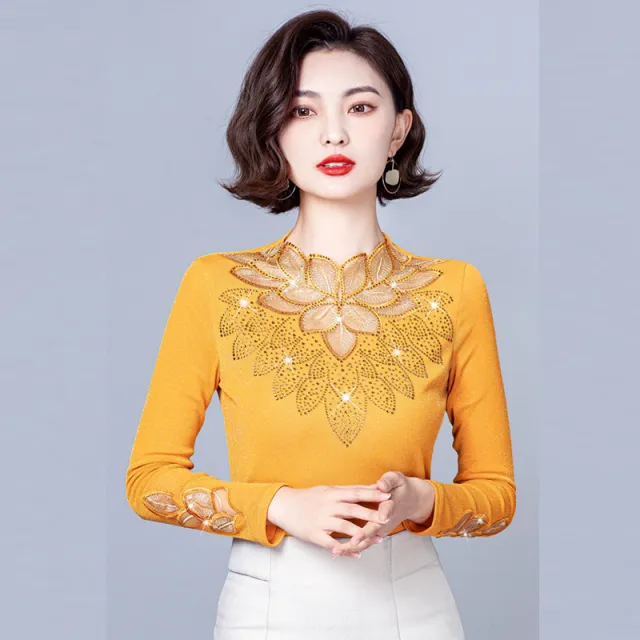 Lace Bottoming Shirt Mesh Rhinestone Long Sleeve Silver Fox Velvet Leaf shaped Flowers Small Shirt Yellow - Shop at LoveMi
