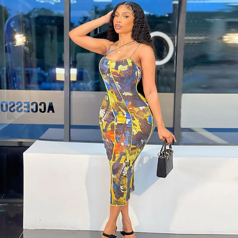 Summer Women's Sling Print Halter Dress - Yellow