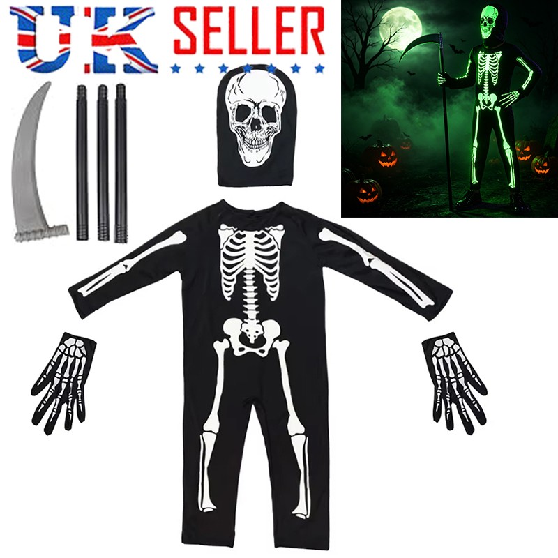 Kids Skeleton Costume Hooded Jumpsuit Boys Girls Halloween Fancy Dress — image 8