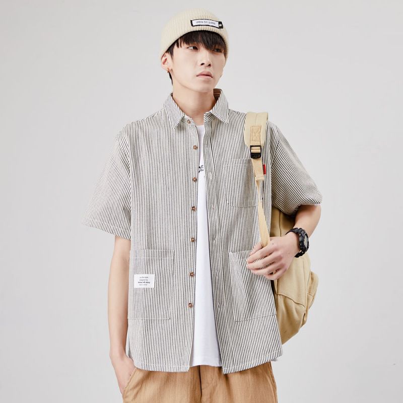 Striped Multi-Pocket Loose Half-Sleeved Shirt Men's Short-Sleeved Shirt
