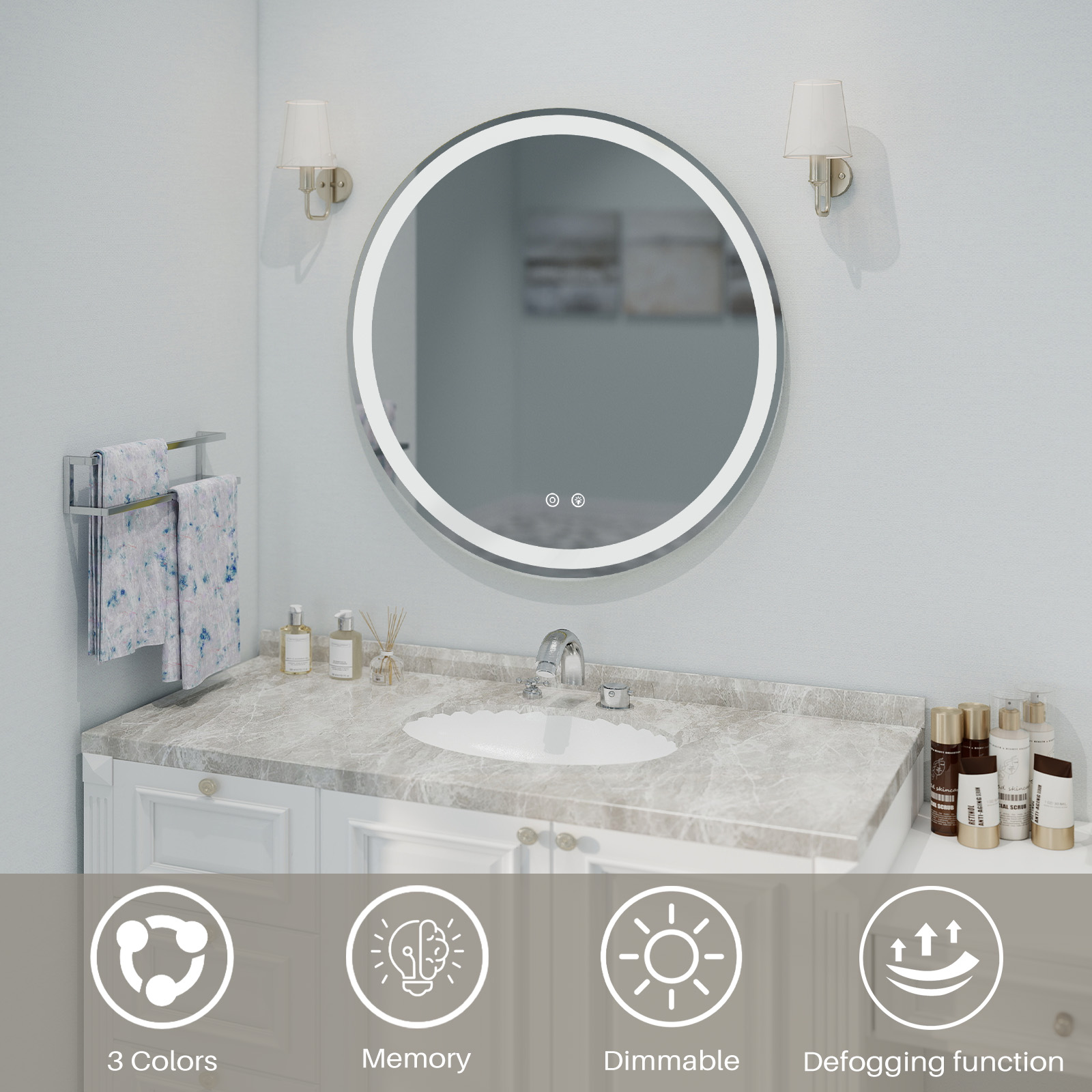 Smart Anti-fog LED Bathroom Mirror With Circular Dual Lights And 3-color Temperature Memory Dimming image 6