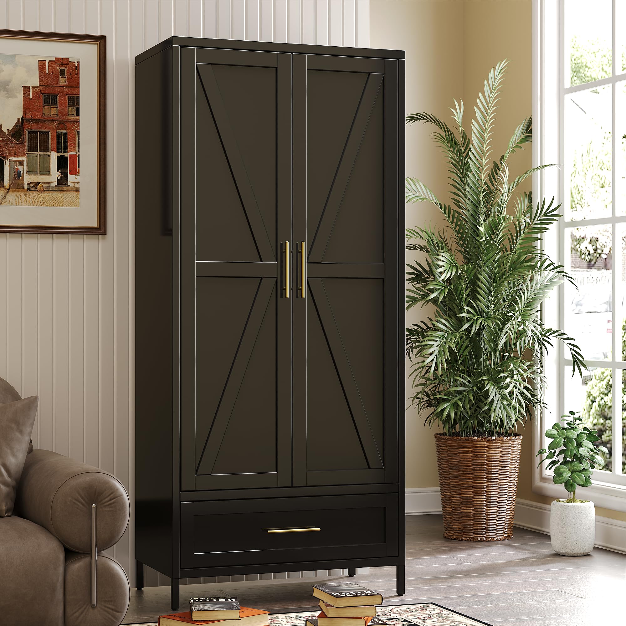Aobabo Metal Wardrobe Cabinet With 1 Drawer, 71inch H Metal Wardrobe Closet With 1 Adjustable Shelf And Hanging Rod For Home, Laundry Room, Bedroom, Black,Installation Required,