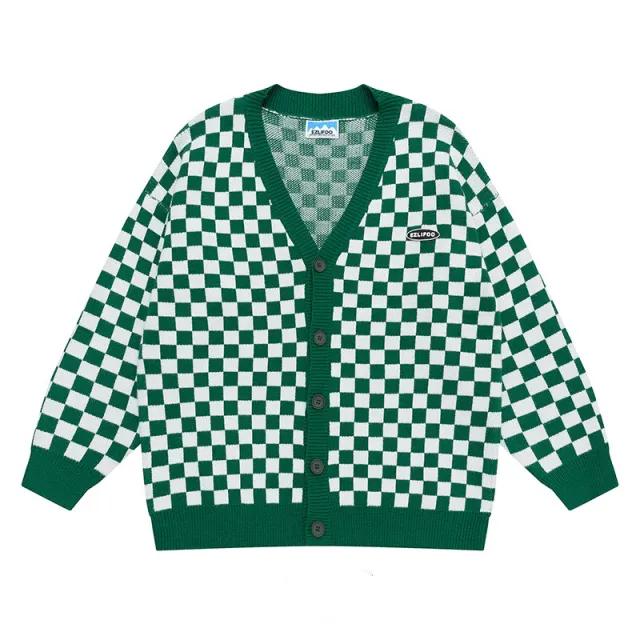 Vintage Checkerboard Jumper Cardigan Jacket Green - Shop at LoveMi