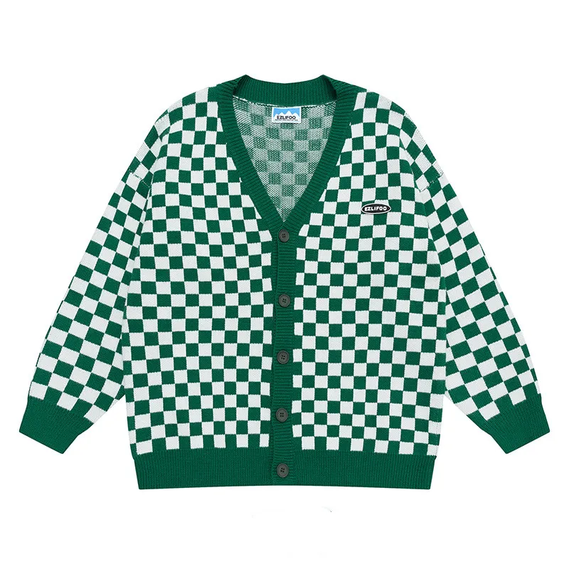 Vintage Checkerboard Jumper Cardigan Jacket - Green