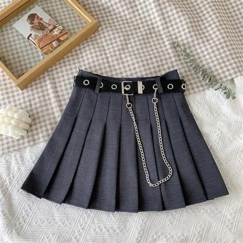 Plaid Skirt Women High Waist Chain Pocket A line Streetwear Vintage Free Belt Grey - Shop at LoveMi