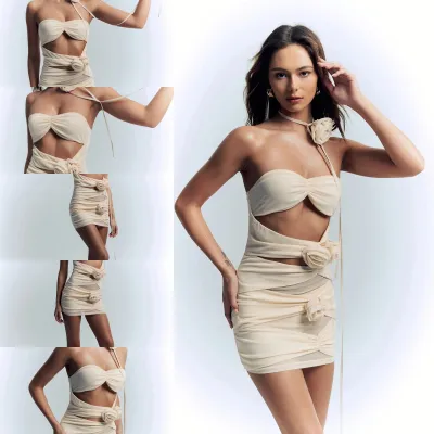 Women’s Slim Summer French Hollow Three-dimensional Halter Neck Tube Top Dress