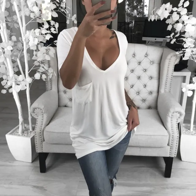 Solid Color V neck Chest Pocket Casual Top Women's T shirt White - Shop at LoveMi