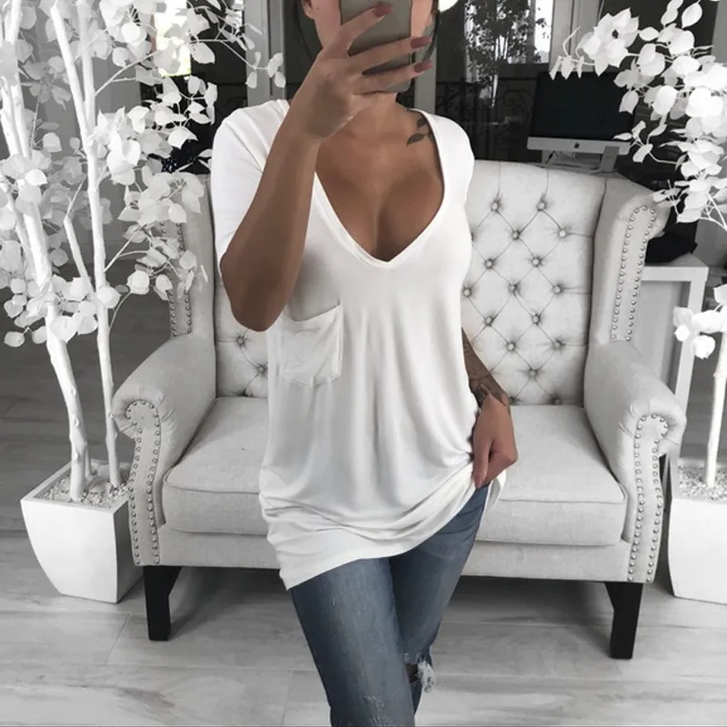 Solid Colour V-neck Chest Pocket Casual Top Women's T-shirt - White