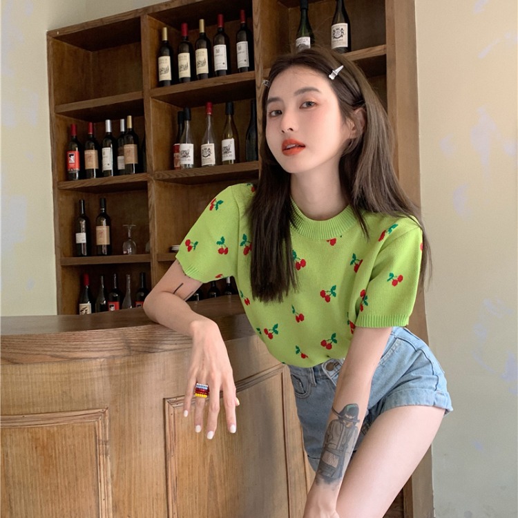 Women's Summer Cherry Short Sleeve Knit Green Top