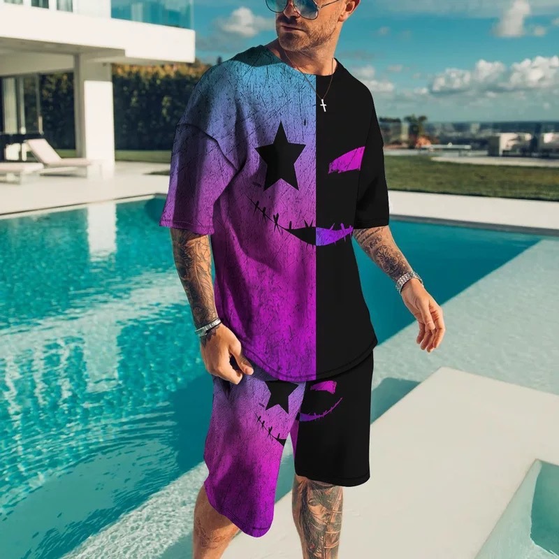 Men's 3D Printing Digital Printing T-Shirt Casual Two Piece Set