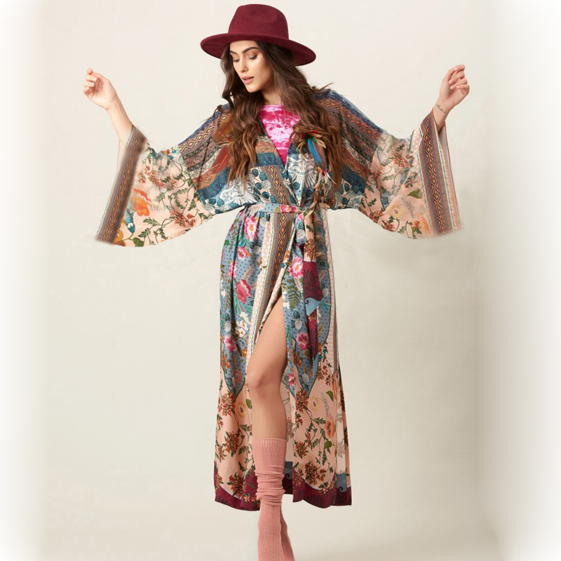 Title 2, Rayon Printed Robe With Loose Waist Cardigan