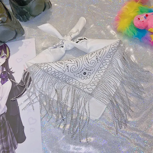 Rhinestone Chain Cashew Flower Hip Hop Square Scarf White - Shop at LoveMi