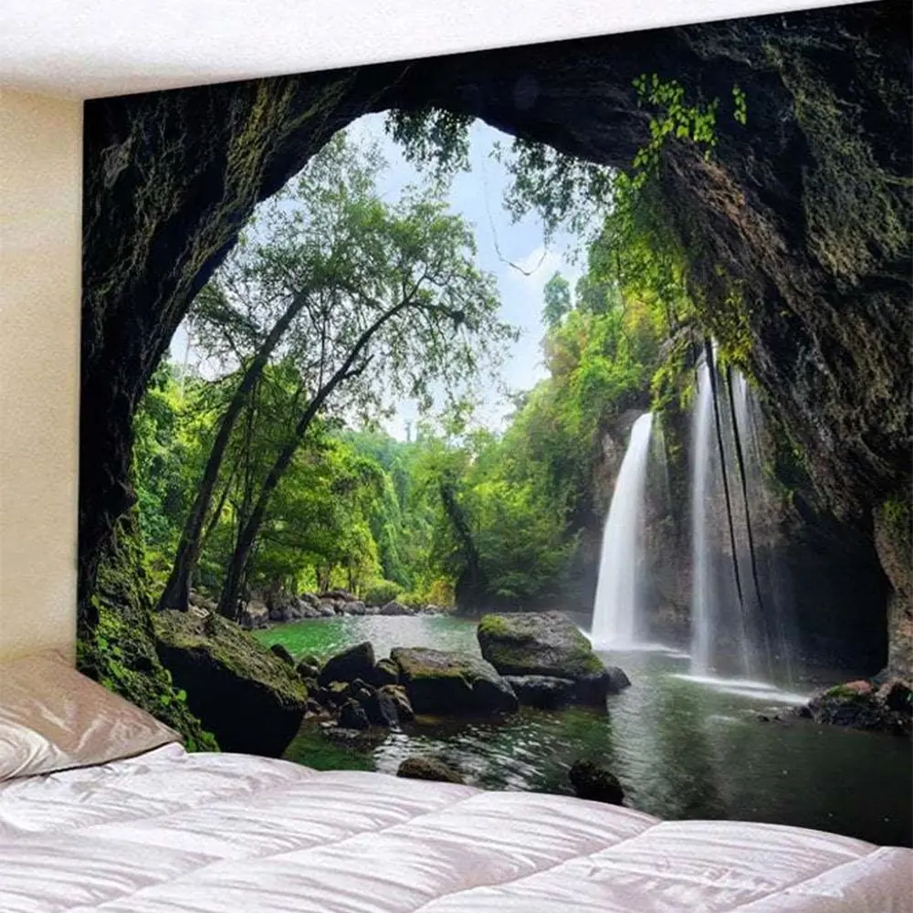 Beautiful Cave Waterfall Print Wall Hippie Tapestry