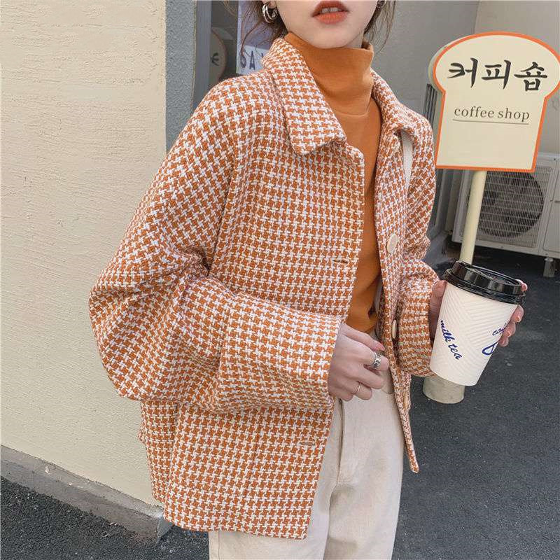 Houndstooth Yuan Orange Complexion Lapel Thick Underwear Women