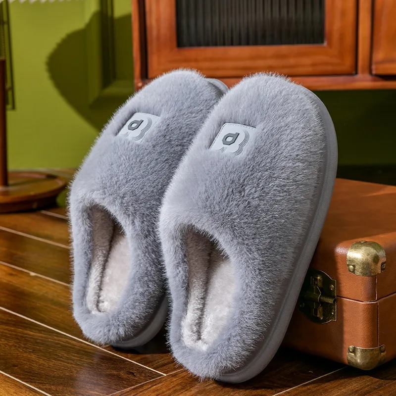 Soft Furry Plush Slippers Winter Indoor Non-slip Floor Slippers Women's Thickened Solid Warm Home Cotton Shoe - Grey