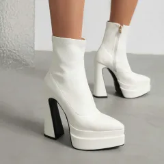 Fashion Women's Short Boots With Pointed Toe And Thick Heel - White - View 1
