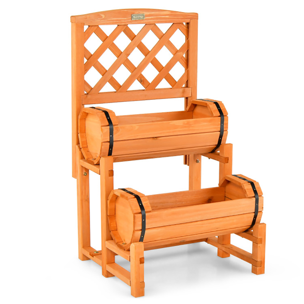 Wooden 2 Tier Raised Garden Bed With 2 Cylindrical Planter Boxes And Trellis Orange - Shop at LoveMi