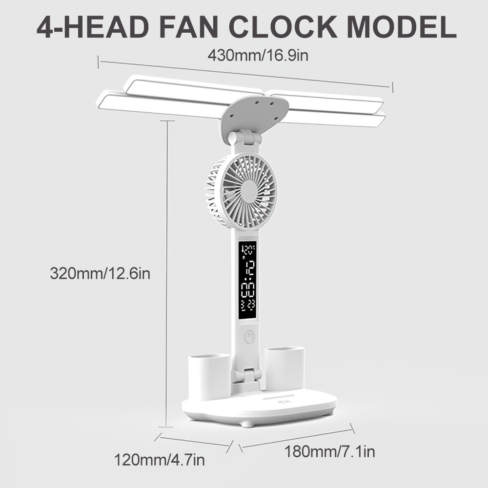 4-Head LED Desk Reading Lamp With Fan Clock Dimmable Rechargeable Touch Light — image 7