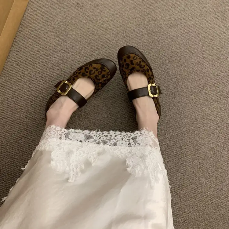 Women's Flat Retro Leopard Print Mary Janes, New Commuter Shoes With Single Strap, Comfortable Versatile Spliced Slip-on Shoes