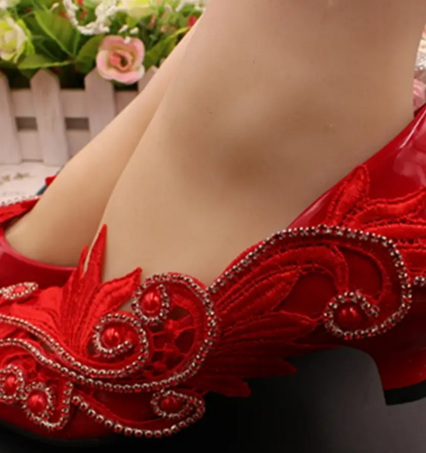 Red Bridal Wedding Shoes with Floral Lace and Rhinestone Embellishments — Red 8cm Heel Standard Size, 34
