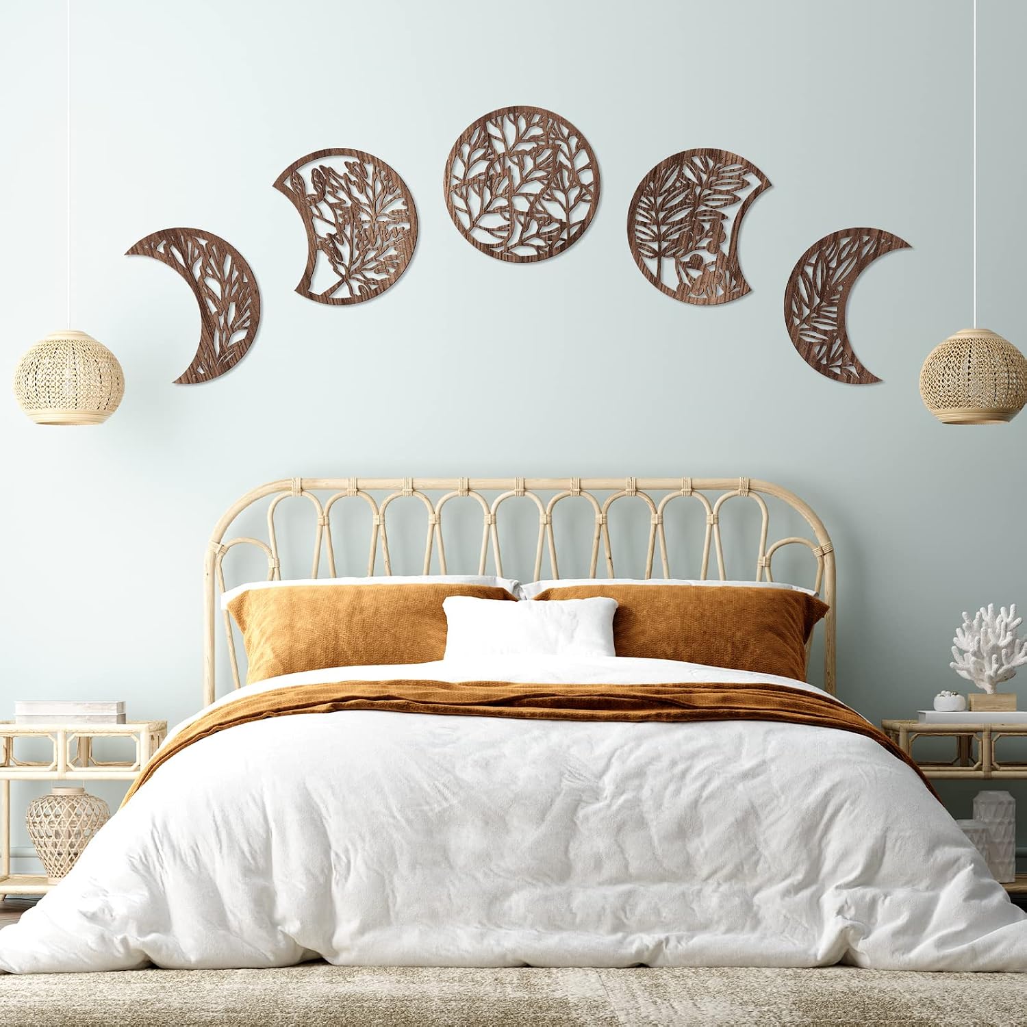 Moon Phases Wall Art 5 PCS, 10.6 Inch Brown Botanical Lunar Phase Decorations For Bedroom, Living Room And Home Decor