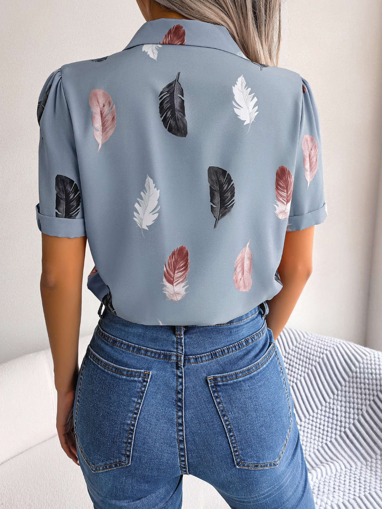 Women   Elegant Notched Lapel Feather Loose Short Sleeve Shirt