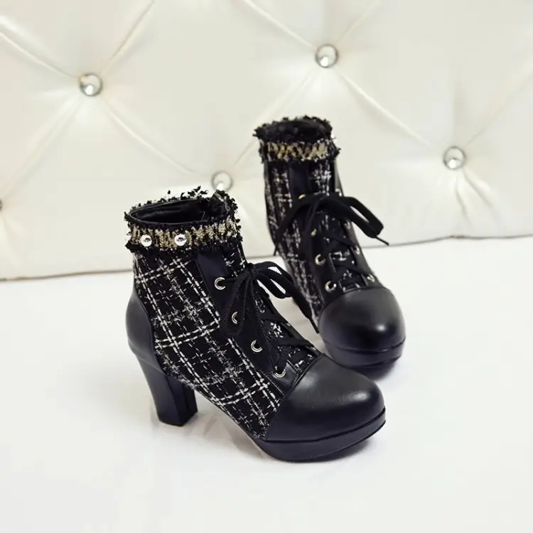 Short Boots Women's Stitching Lace Sweet Thick Heel Women's Shoes