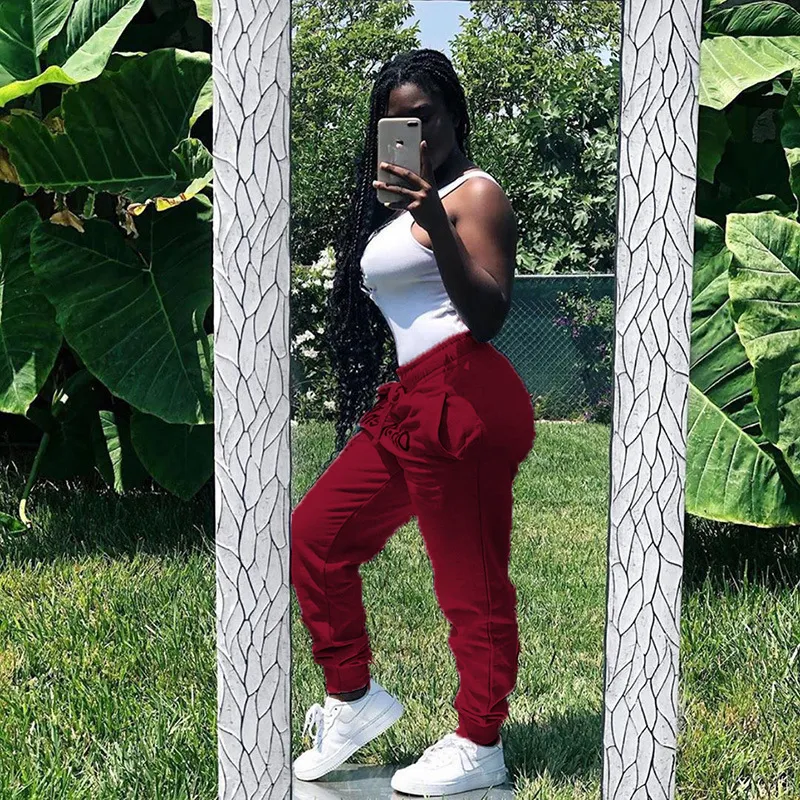 Casual Loose Fashion Home Letters Simple Lace-Up Pants - Wine