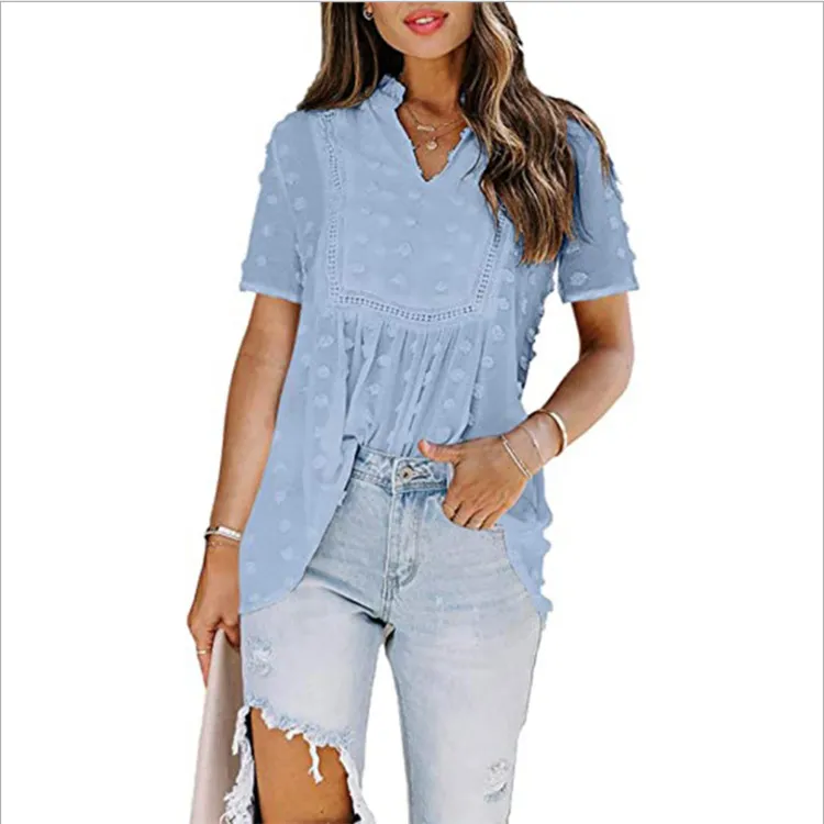 Summer New Style Women's Chiffon Jacquard Wool Ball Lace Chiffon Shirt Top - Sky Blue