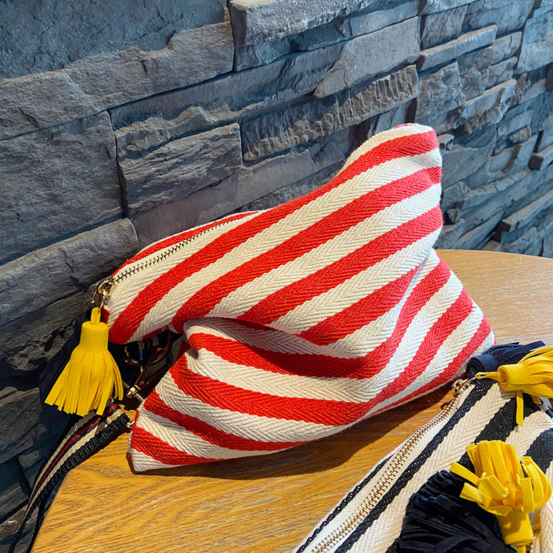 Striped Tassel Canvas Women's Hand Hold Canvas Makeup Bag