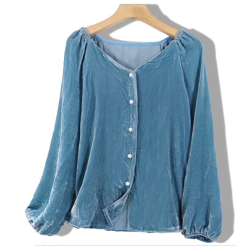 V-neck Women's New Long-sleeved Slim Gold Velvet T-shirt