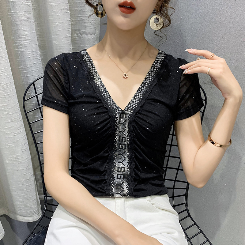 Mesh Stitching Hot Diamond Thin Women's T-shirt Short Sleeves
