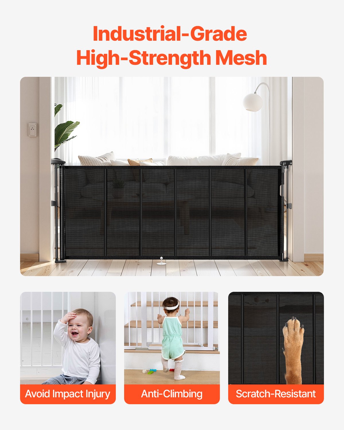 Retractable Baby Gate 34.2in Tall Extend To 70.87in Wide For Kids Or Pets Black