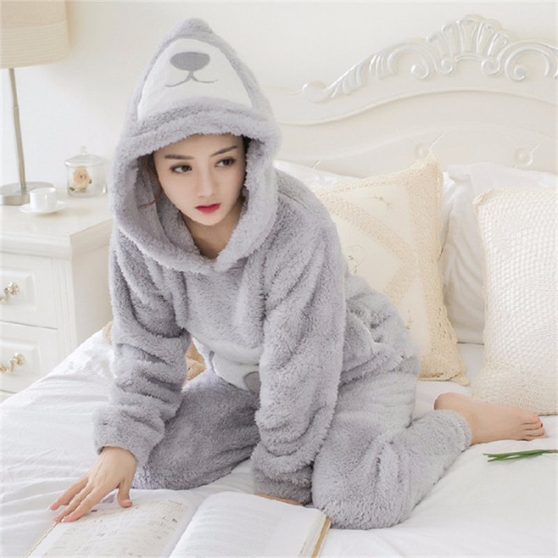 Title 8, Ladies Flannel Warm Cute Lively Cartoon Hooded Set