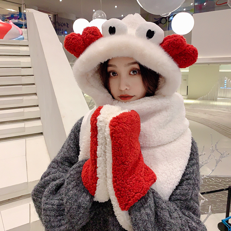 Winter Cute Crab Scarf Gloves Three in one Plus Velvet Thickened One piece Hat White - Shop at LoveMi