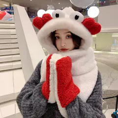Winter Cute Crab Scarf Gloves Three-in-one Plus Velvet Thickened One-piece Hat - White - View 1