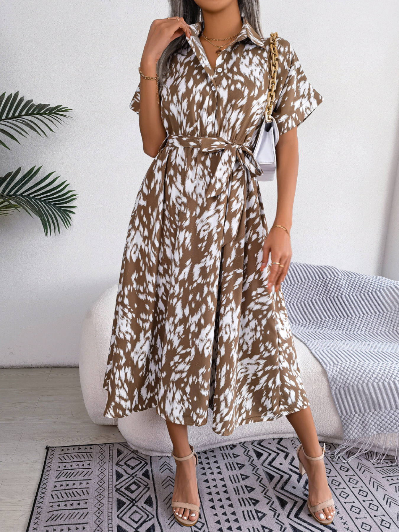 Women's Casual Loose Leopard Print Tie Waist Shirt Dress - Image 5