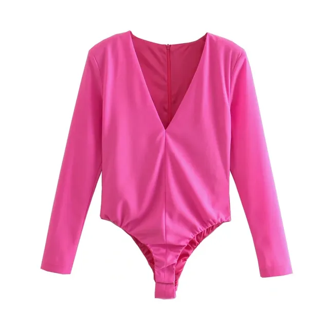 Long Sleeve Bottoming Deep V Neck Ladies One Piece Top Rose Pink - Shop at LoveMi