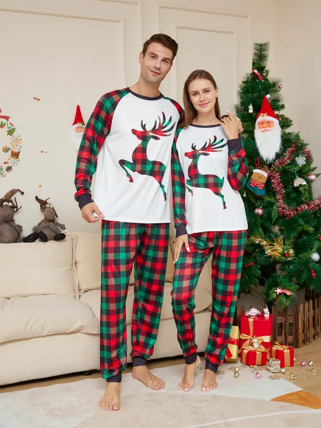Christmas Parent child Cartoon Elk Plaid Printed Pajamas Set Red And Green Grid - Shop at LoveMi