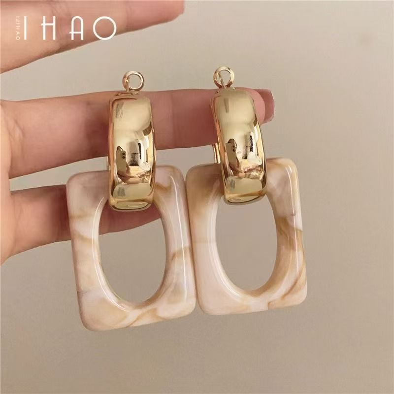 American Coffee Tone Geometric Dangles, Retro Hong Kong Style Acrylic & Metal Earrings