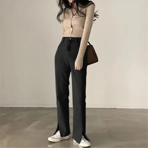 Korean Version Of Ins Fashion High waisted Slits Were Thin And High covered Bi prepared Spring Jeans Women Black - Shop at LoveMi