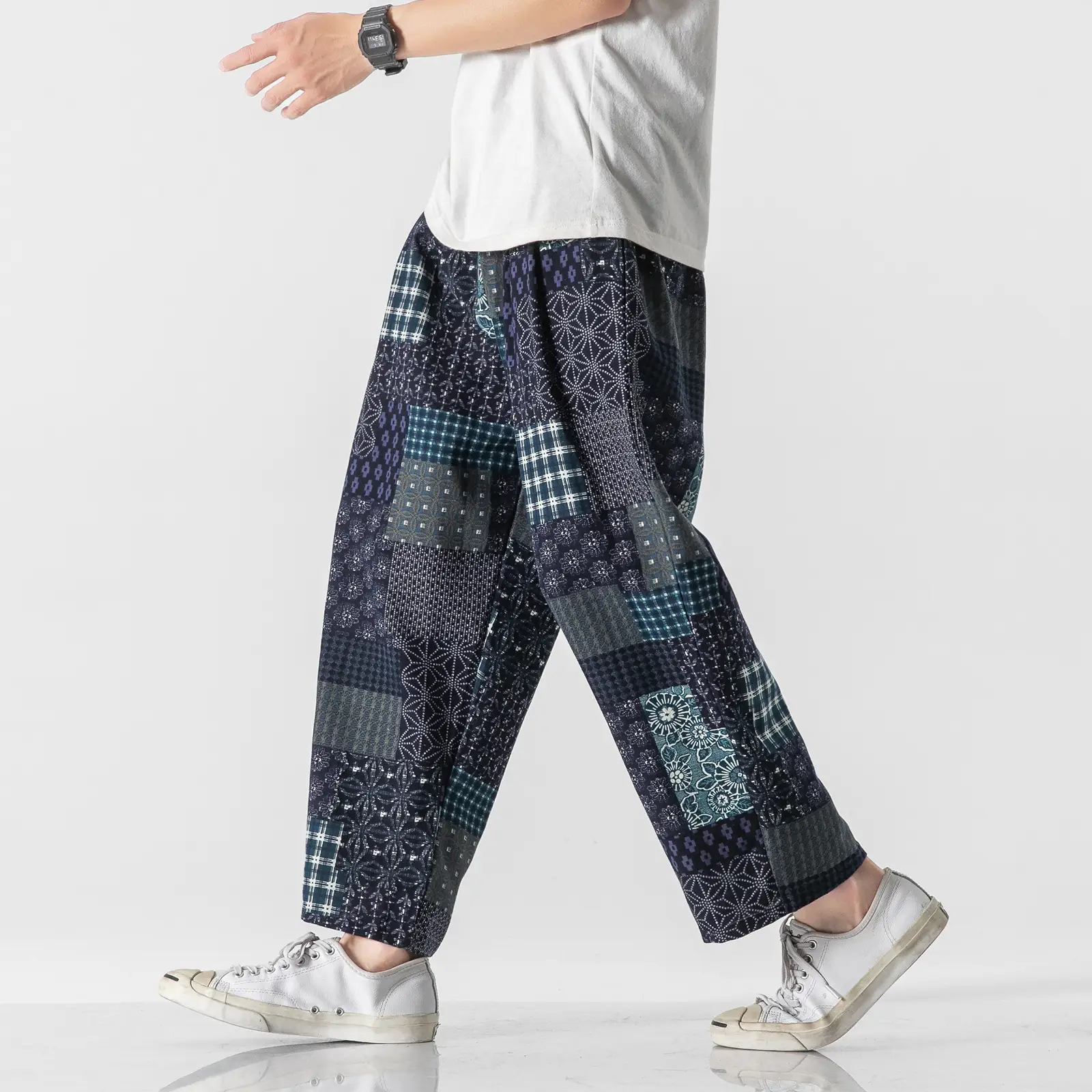 Ethnic Style Cotton Twist Pants Men's Loose Straight Leg Plus Size Patch Casual Pants