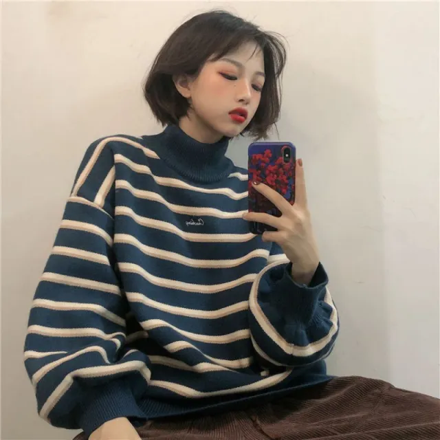 Women's Thickened Colorblock Turtleneck Loose Pullover Striped Sweater Blue - Shop at LoveMi