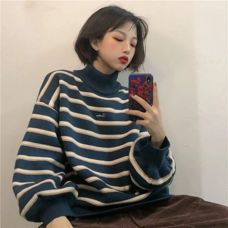 Women's Thickened Colorblock Turtleneck Loose Pullover Striped Sweater - Blue