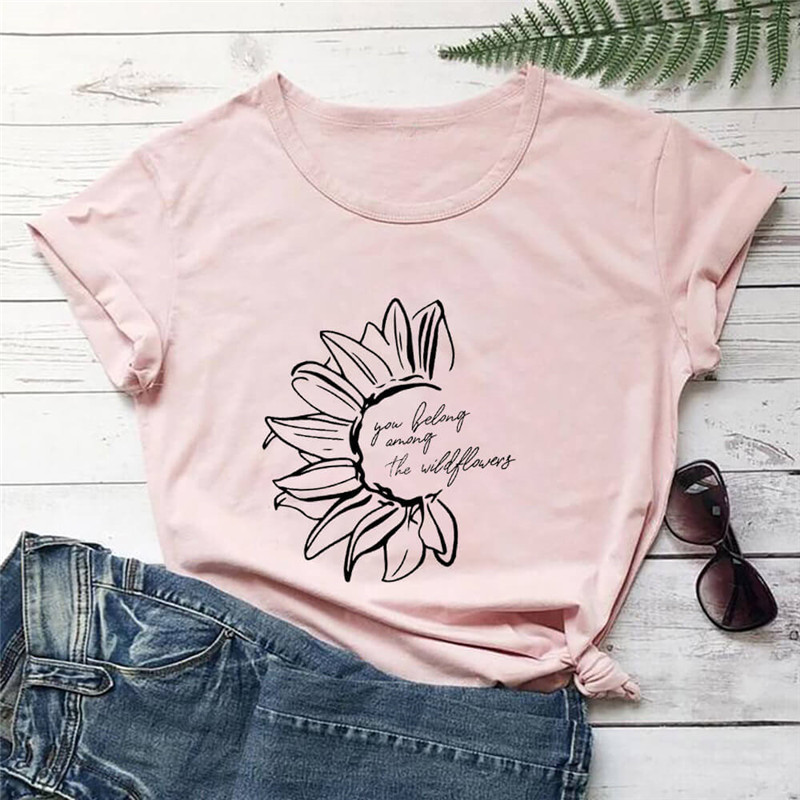You Belong Among The Wildflower Crew Neck Short Sleeve Peach - Shop at LoveMi