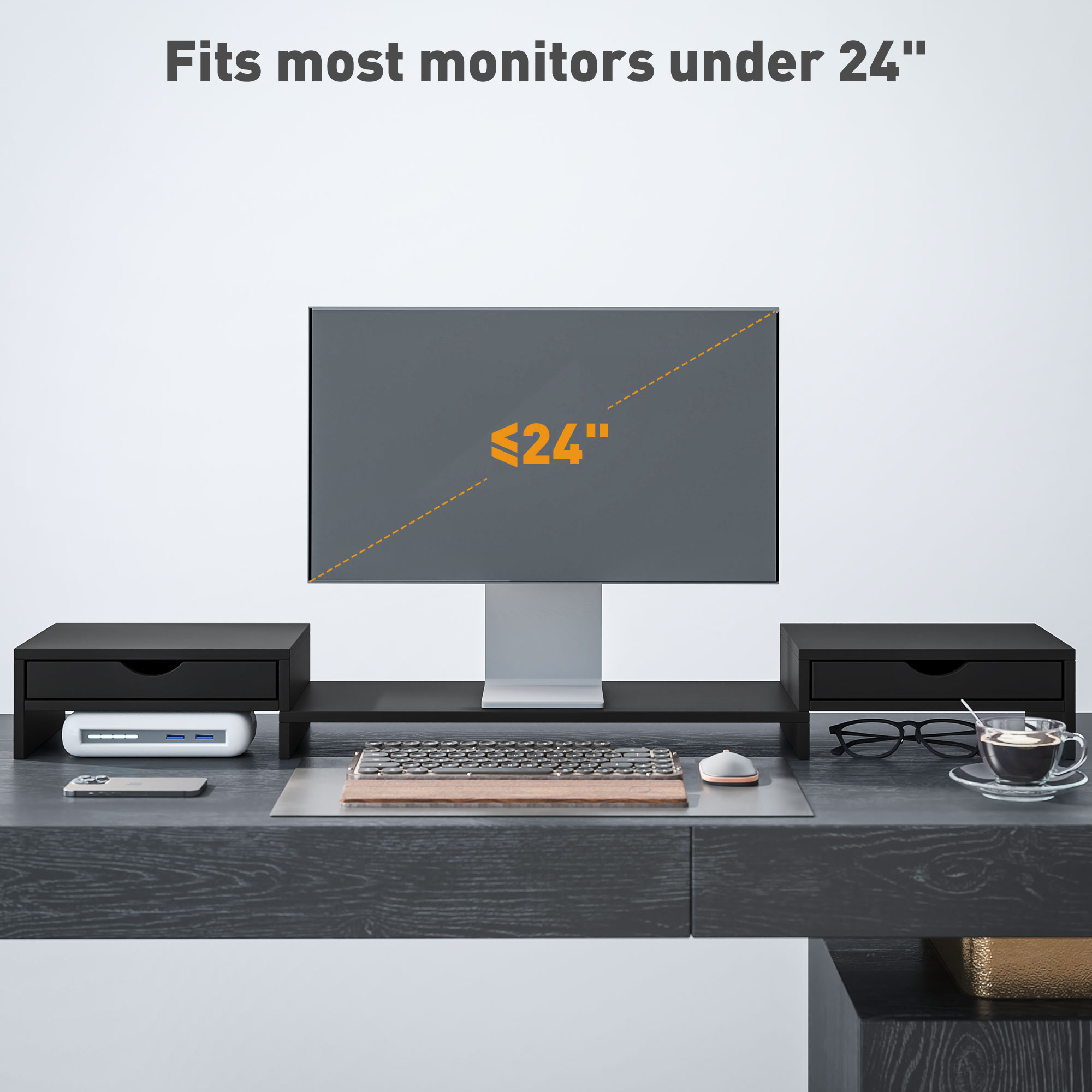 Dual Monitor Stand With 2 Drawers, Adjustable Length And Angle, 116cm Suitable — image 3