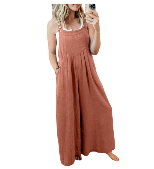 Cotton And Linen Solid Color Suspenders Long Wide leg Jumpsuit Leather Pink - Shop at LoveMi
