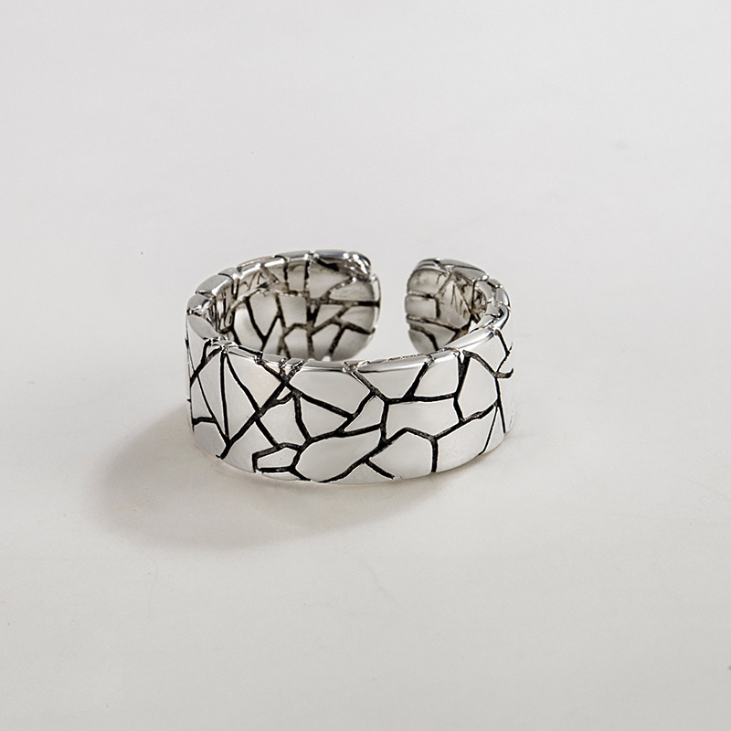 Wide Face Stone Crackle Ring 925 Sterling Silver