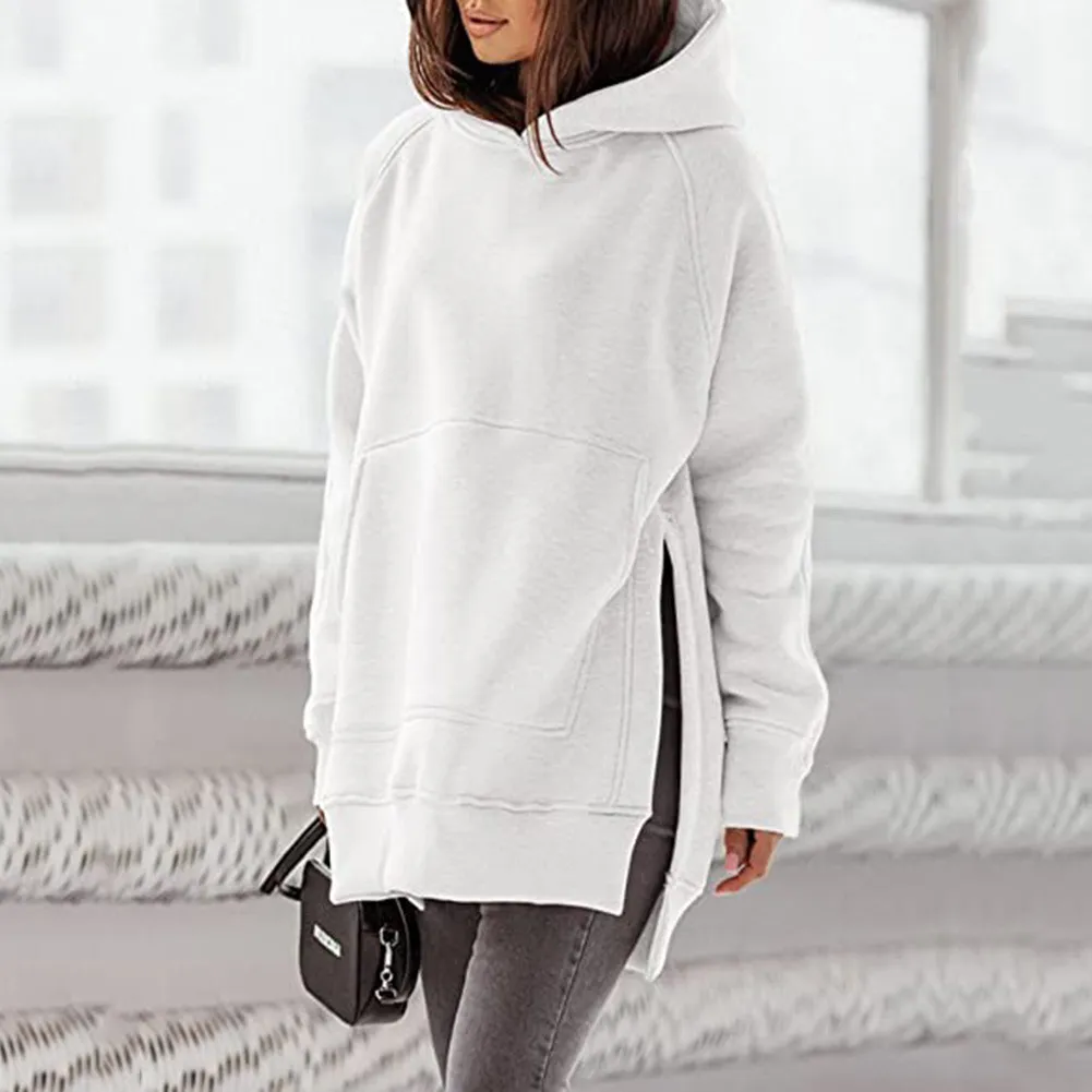 Women's Solid Round Neck Loose Pocket Plush Hoodie - Beige