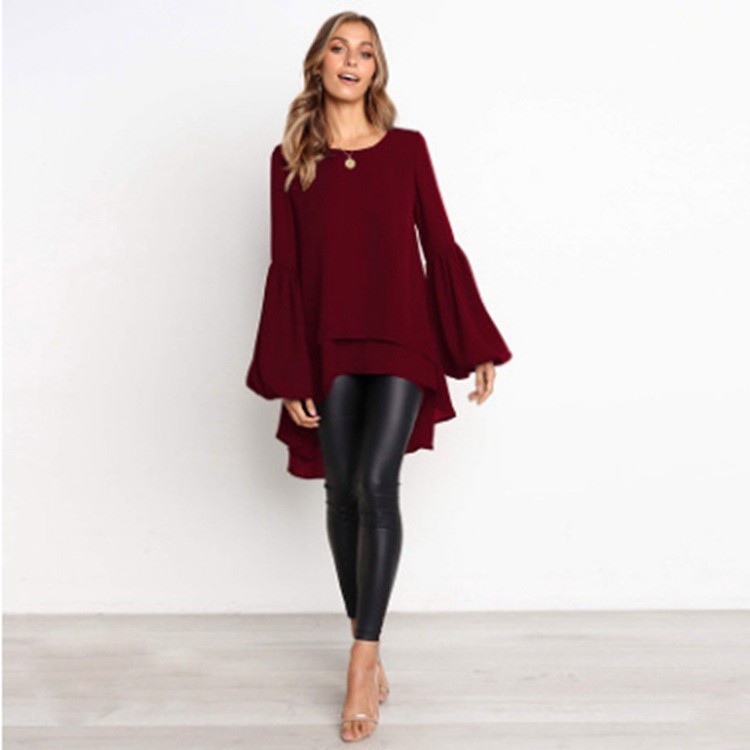 Title 2, Round Neck Lantern Sleeve Irregular Ladies Top